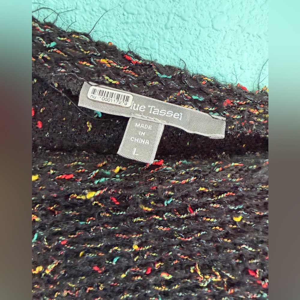 Anthropologie Blue Tassel Balloon Sleeve Sweater, Black/Multi - Picture 3 of 6
